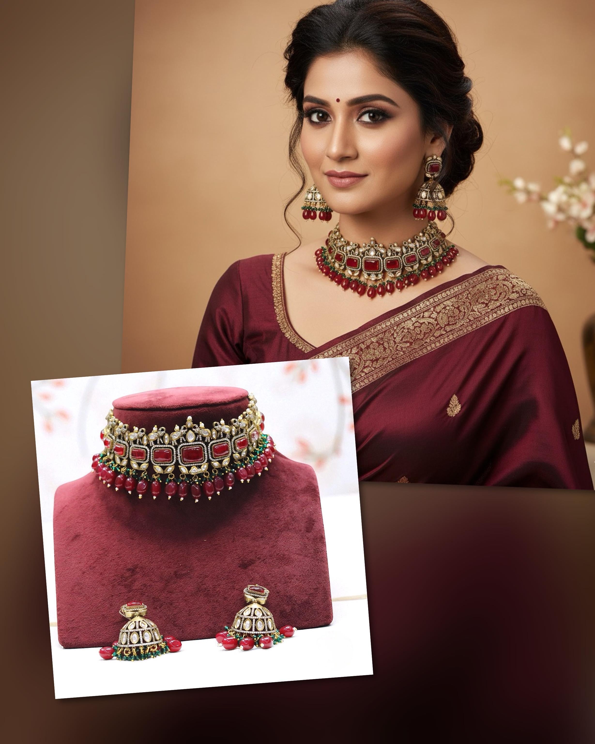Pearl Ruby Red Jhumki Earrings & Choker Necklace Set | Indian Jewellery | Beads Jewellery | Indian Necklace Set