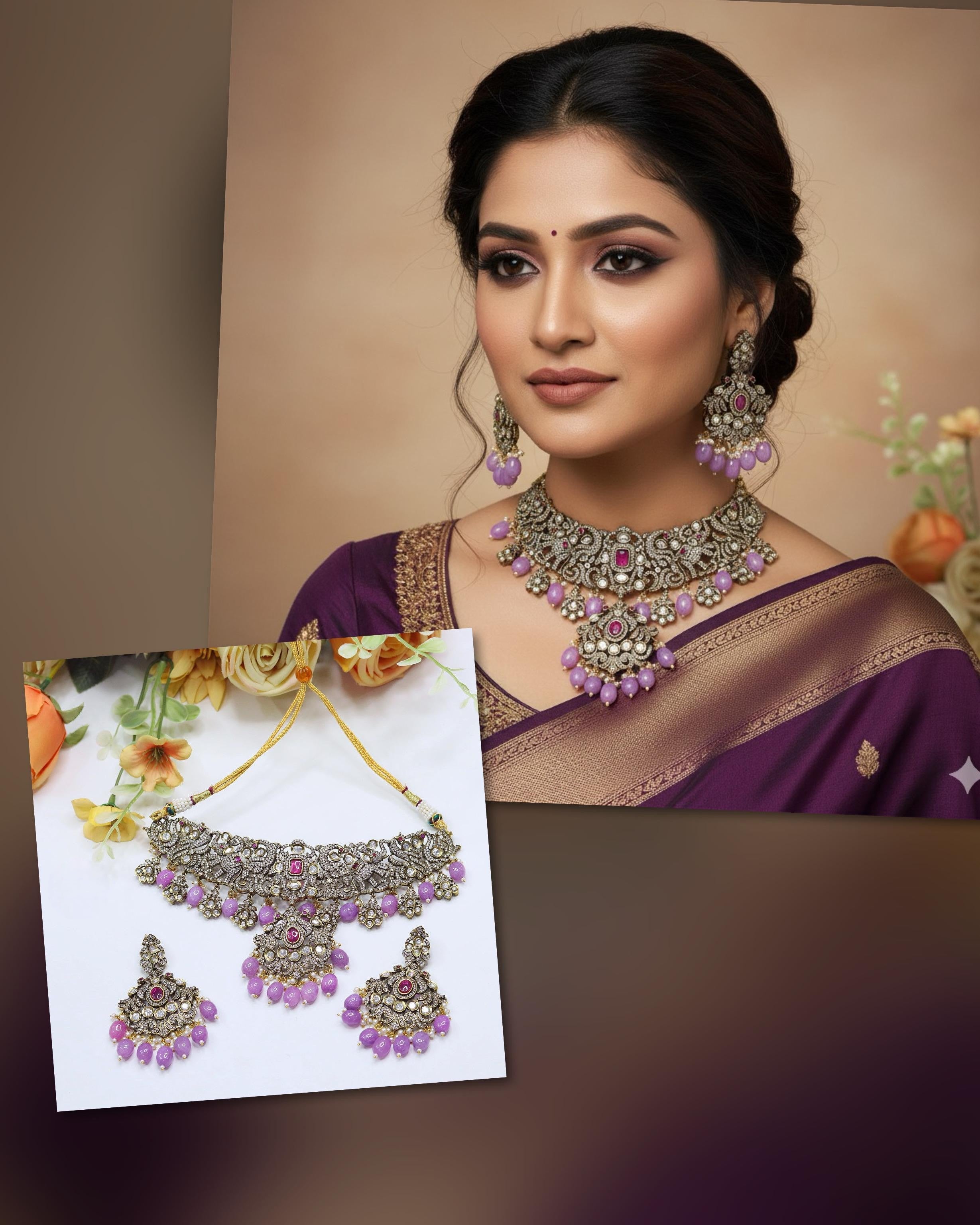 Purple Beaded Choker Kundan Pearl Necklace Set | Indian Jewellery | Kundan Polki Jewellery | Indian Necklace Set