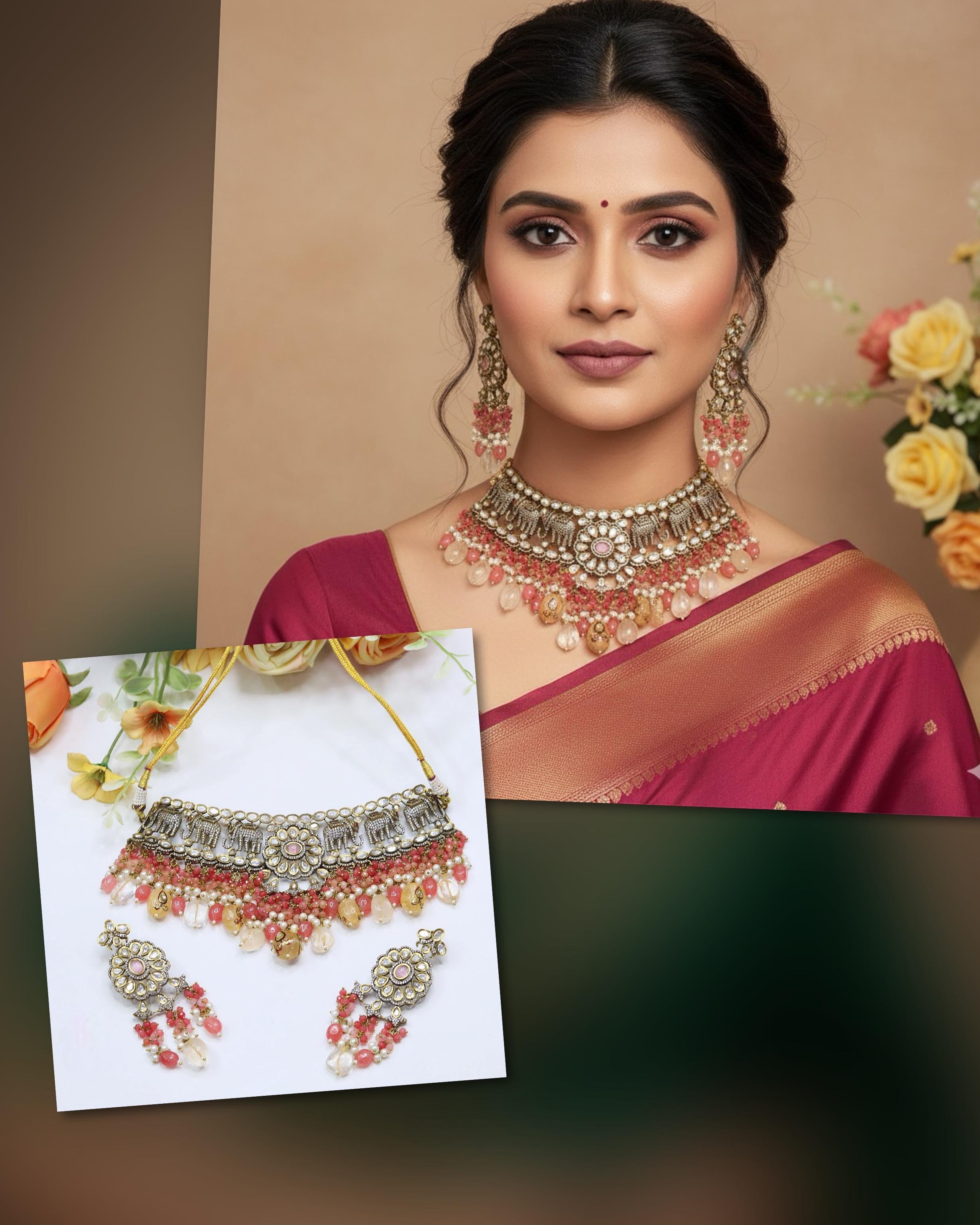 Elephant-Inspired Choker Pearl Necklace Set | Indian Jewellery | Pearl Indian Necklace Set with Matching Earrings | Premium Indian Jewellery
