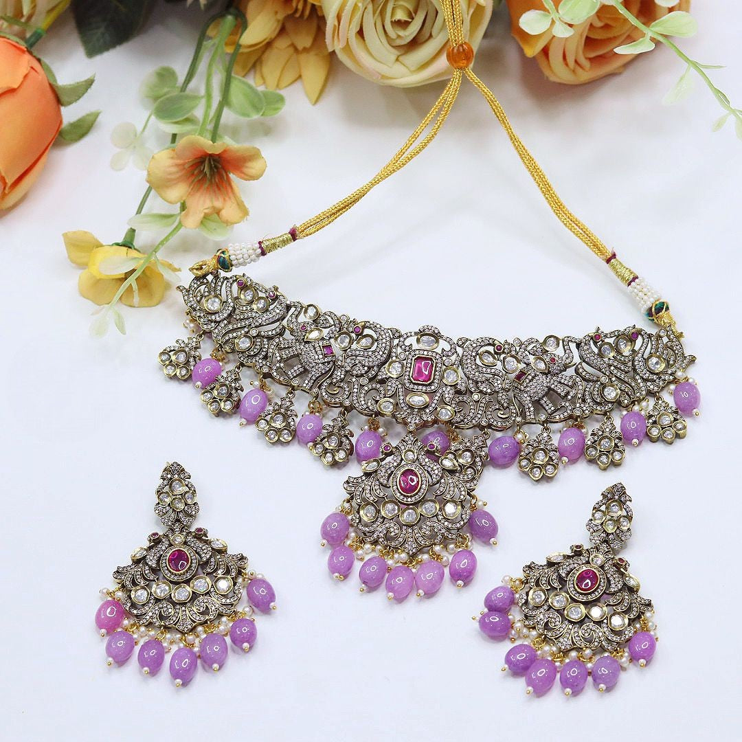 Purple Beaded Choker Kundan Pearl Necklace Set | Indian Jewellery | Kundan Polki Jewellery | Indian Necklace Set