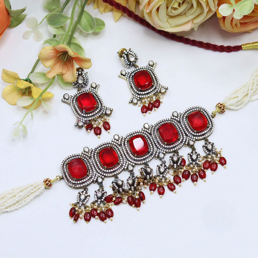 Stone Kundan Choker Necklace Set | Indian Jewellery | Stone Kundan Indian Necklace Set with Matching Earrings | Indian Jewellery