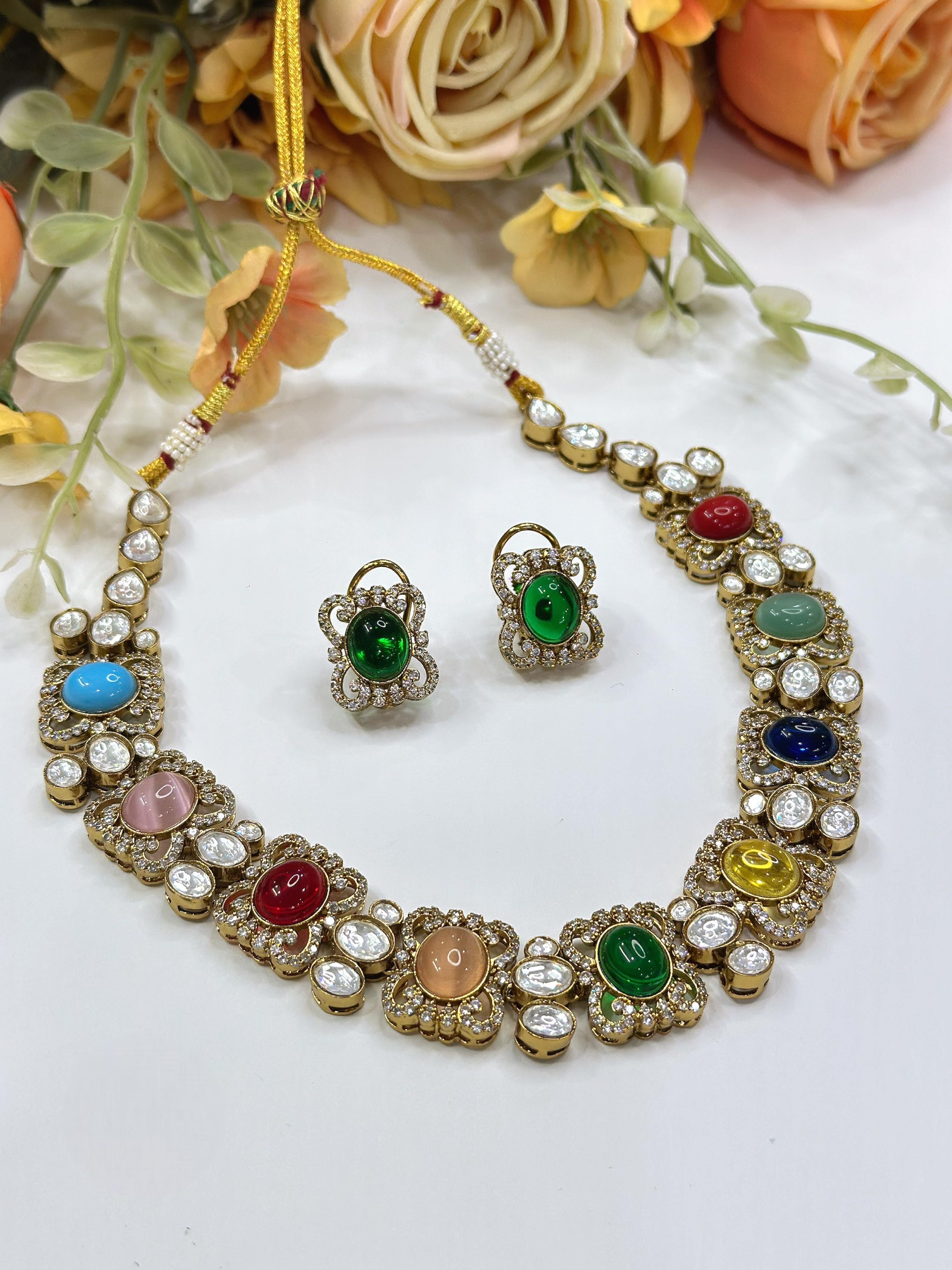 Multicolor Kundan Necklace Set | Indian Jewellery | Kundan Indian Necklace Set with With Earrings | Premium Indian Jewellery