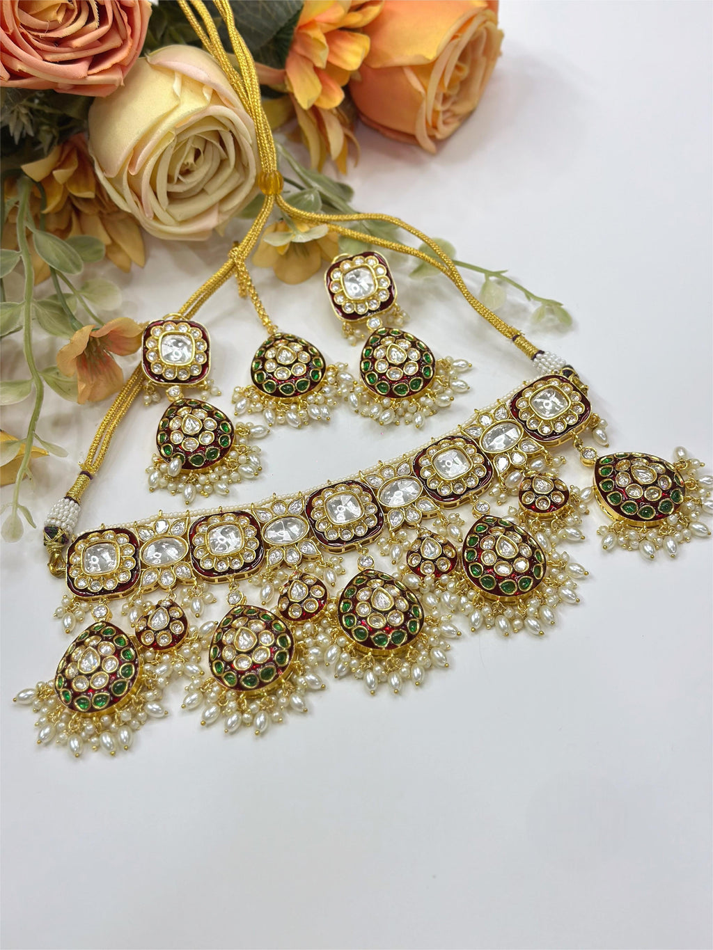 Pearl Stone Bridal Necklace Set | Indian Jewellery | Pearl Stone Indian Necklace Set with Matching Earrings & Maang Tikka | Premium Bridal Jewellery