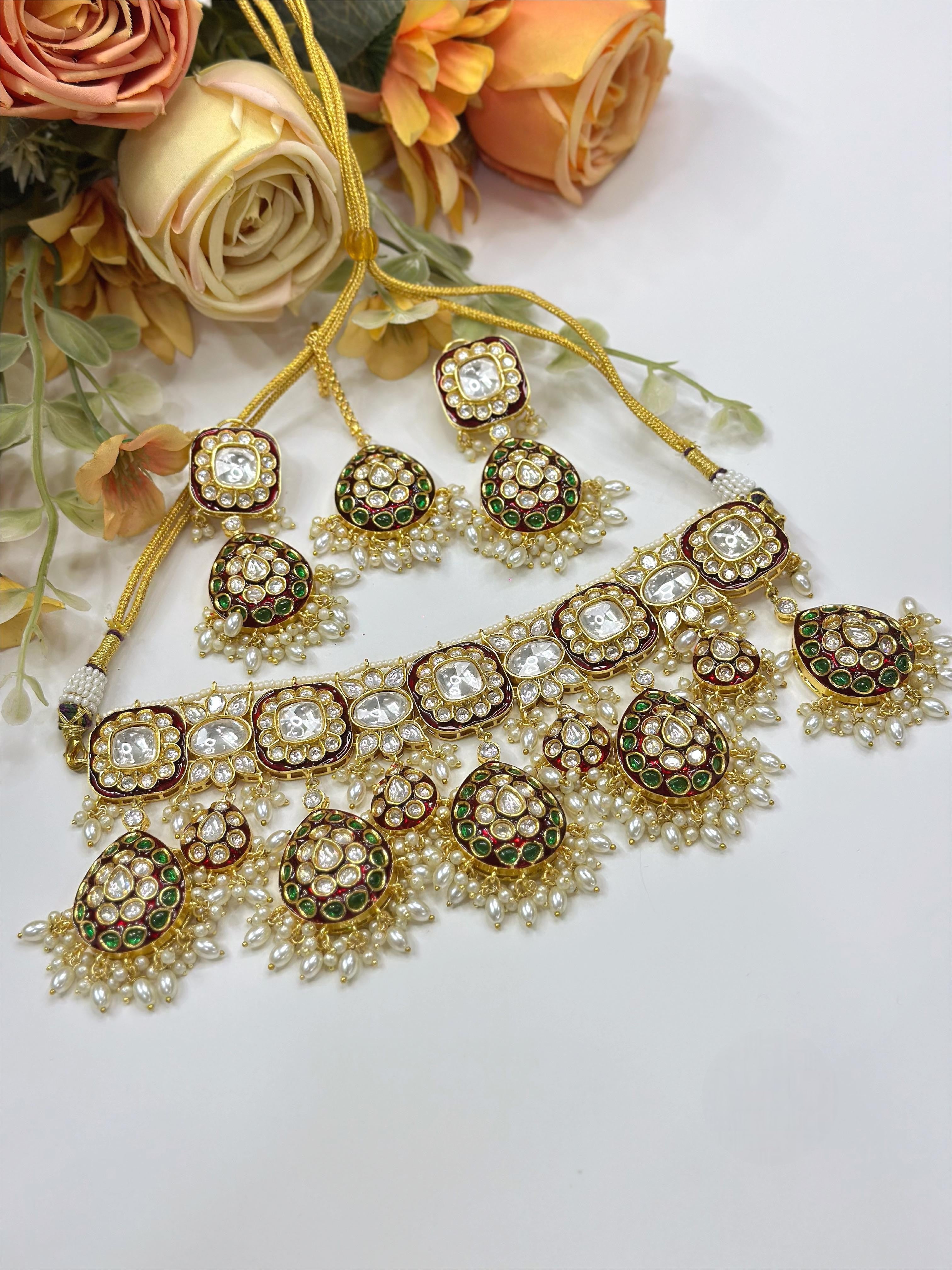 Pearl Stone Bridal Necklace Set | Indian Jewellery | Pearl Stone Indian Necklace Set with Matching Earrings & Maang Tikka | Premium Bridal Jewellery