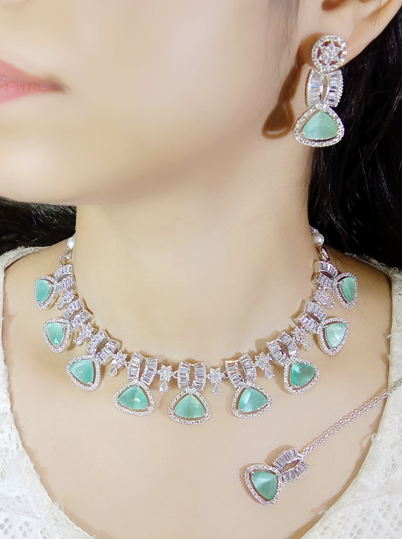 Stone & Zircon Bridal Necklace Set | Indian Jewellery | Premium Stone Jewellery Indian Neckles Set with Earrings & Maangtika
