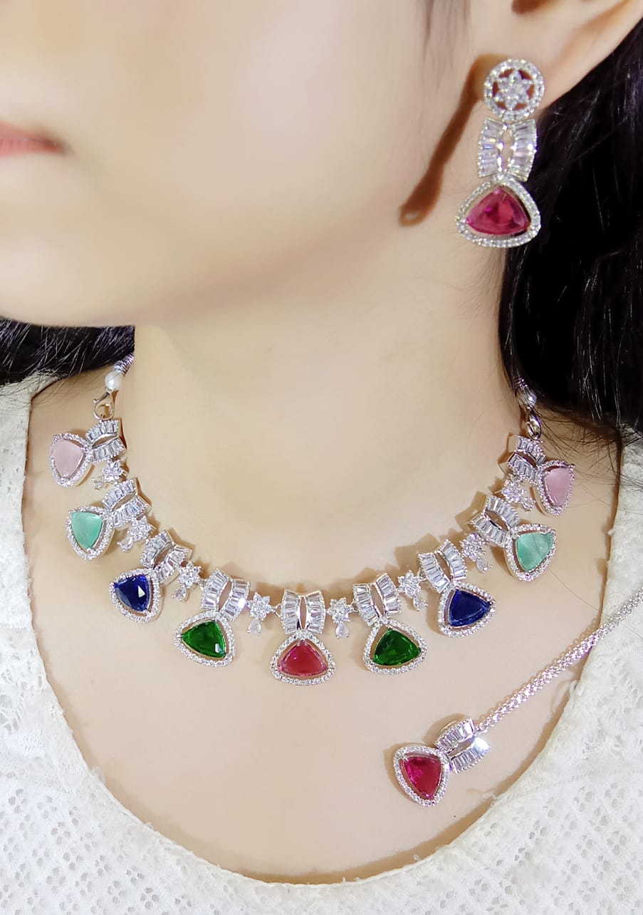 Stone & Zircon Bridal Necklace Set | Indian Jewellery | Premium Stone Jewellery Indian Neckles Set with Earrings & Maangtika