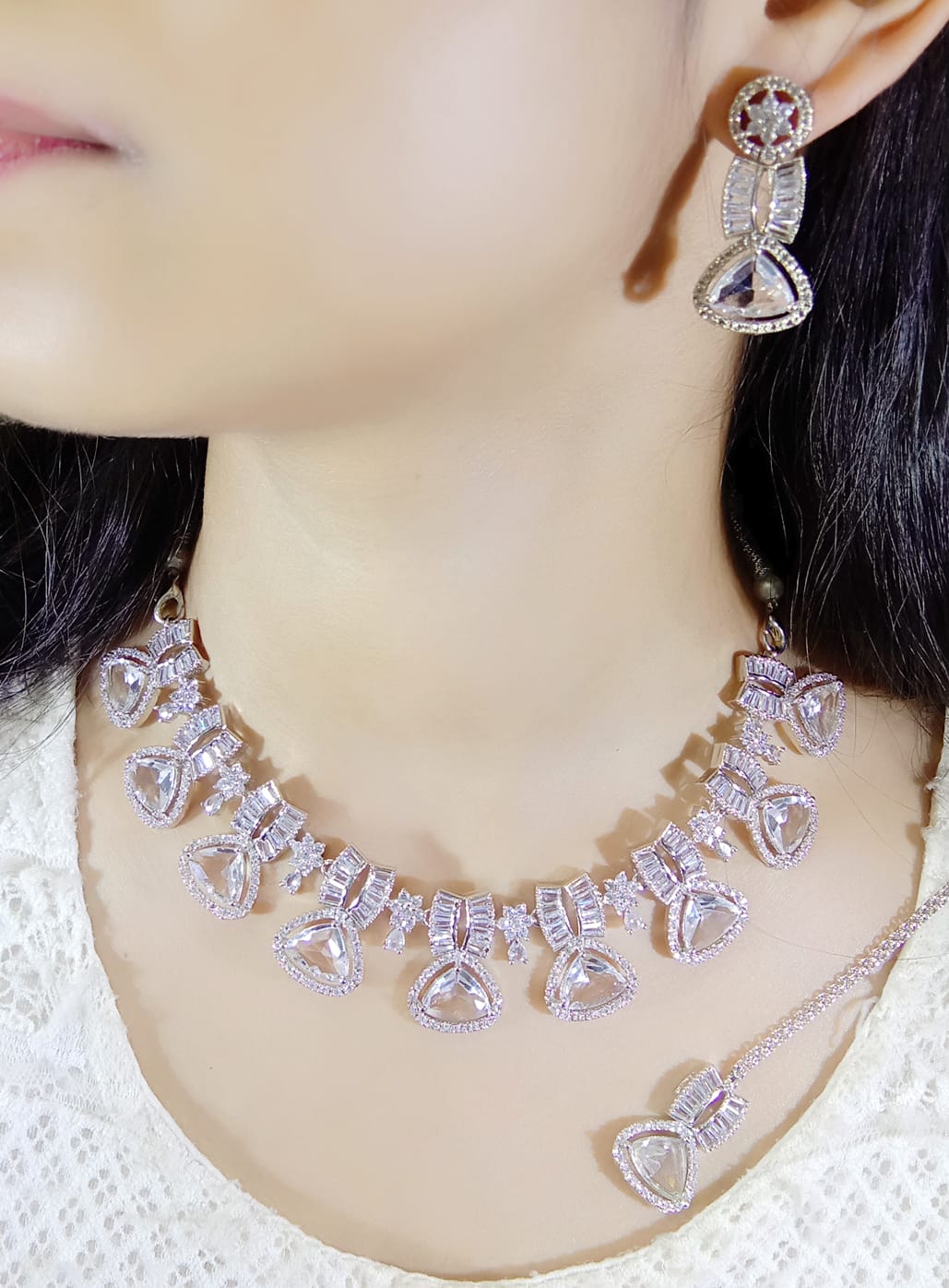 Stone & Zircon Bridal Necklace Set | Indian Jewellery | Premium Stone Jewellery Indian Neckles Set with Earrings & Maangtika
