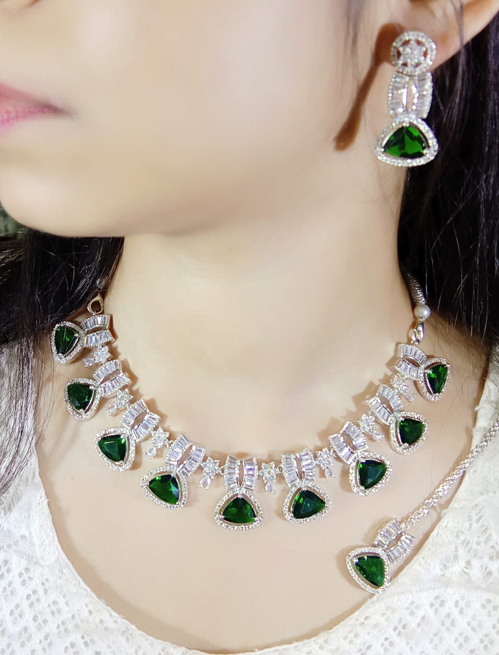 Stone & Zircon Bridal Necklace Set | Indian Jewellery | Premium Stone Jewellery Indian Neckles Set with Earrings & Maangtika