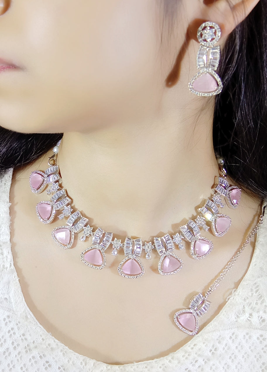 Stone & Zircon Bridal Necklace Set | Indian Jewellery | Premium Stone Jewellery Indian Neckles Set with Earrings & Maangtika