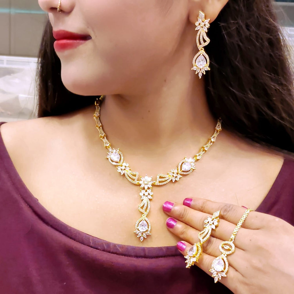 Stone & Gold-Plated American Diamond Necklace Set | Indian Jewellery | Grace & Sparkle Jewelry Set with Earrings & Maangtikka