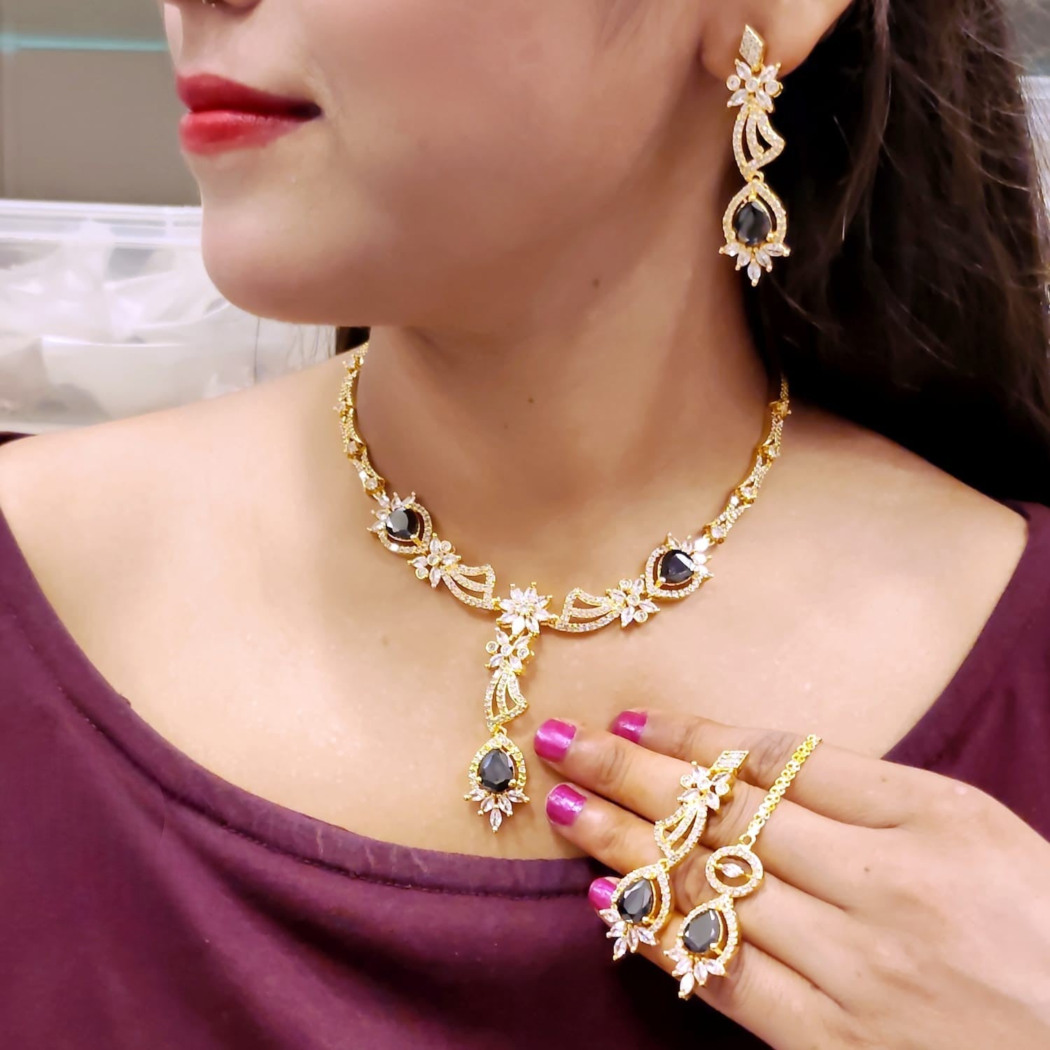 Stone & Gold-Plated American Diamond Necklace Set | Indian Jewellery | Grace & Sparkle Jewelry Set with Earrings & Maangtikka