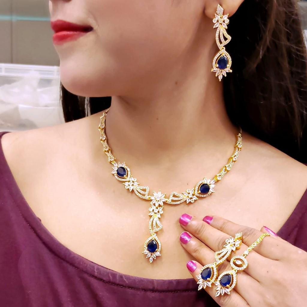 Stone & Gold-Plated American Diamond Necklace Set | Indian Jewellery | Grace & Sparkle Jewelry Set with Earrings & Maangtikka
