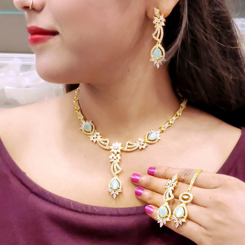 Stone & Gold-Plated American Diamond Necklace Set | Indian Jewellery | Grace & Sparkle Jewelry Set with Earrings & Maangtikka