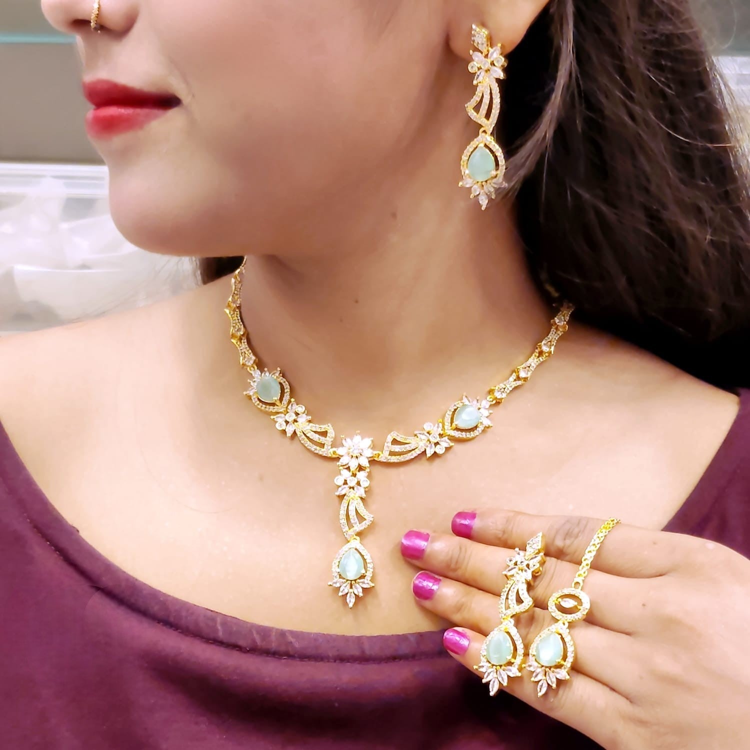Stone & Gold-Plated American Diamond Necklace Set | Indian Jewellery | Grace & Sparkle Jewelry Set with Earrings & Maangtikka