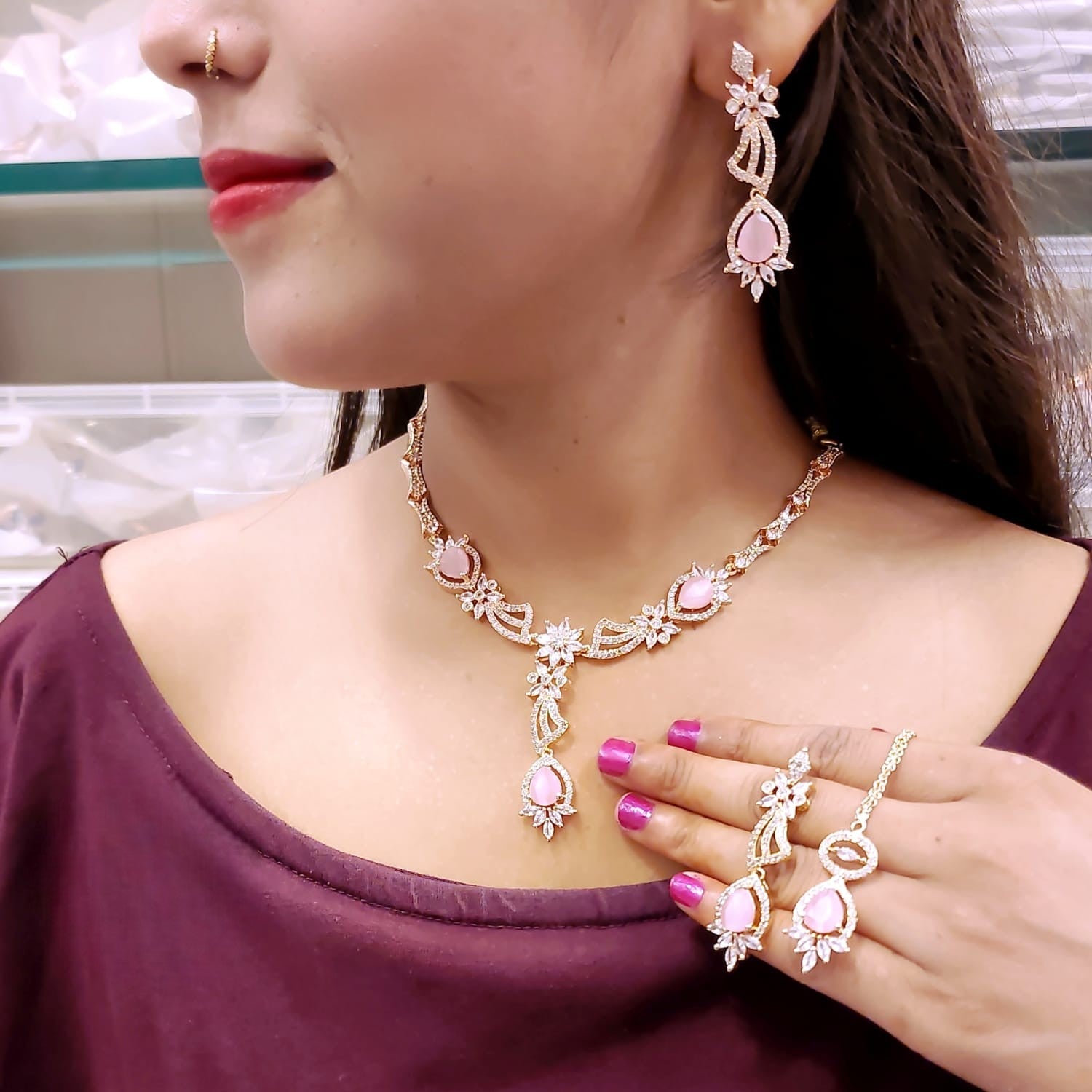 Floral CZ Necklace Set | Indian Jewellery | Stone & Silver-Tone American Diamond Jewelry Set with Earrings & Maangtikka