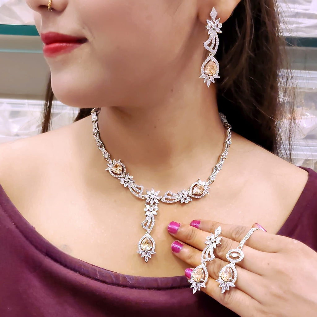 Floral CZ Necklace Set | Indian Jewellery | Stone & Silver-Tone American Diamond Jewelry Set with Earrings & Maangtikka