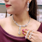 Floral CZ Necklace Set | Indian Jewellery | Stone & Silver-Tone American Diamond Jewelry Set with Earrings & Maangtikka