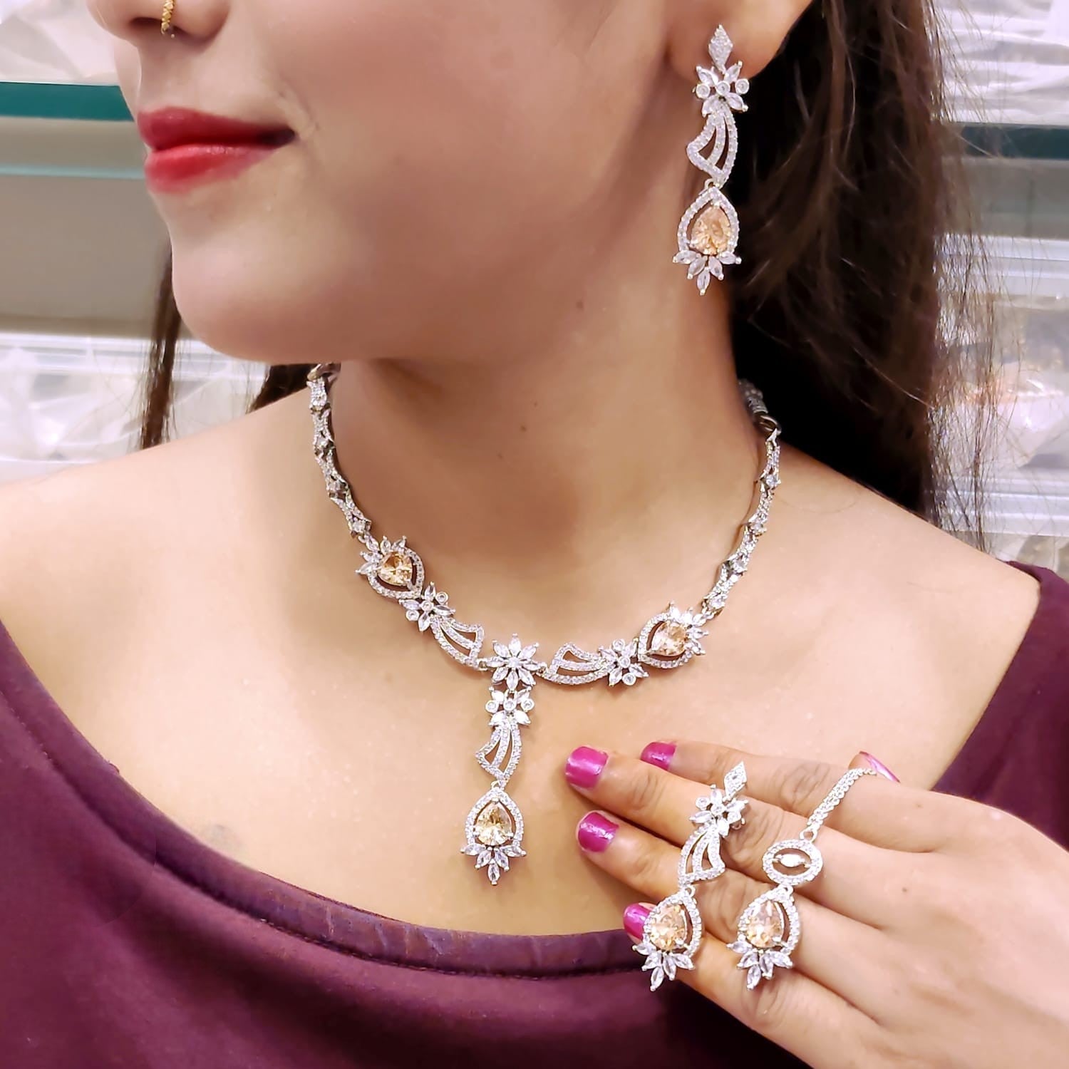 Floral CZ Necklace Set | Indian Jewellery | Stone & Silver-Tone American Diamond Jewelry Set with Earrings & Maangtikka
