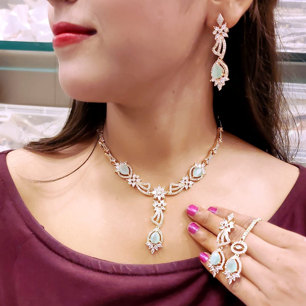 Floral CZ Necklace Set | Indian Jewellery | Stone & Silver-Tone American Diamond Jewelry Set with Earrings & Maangtikka