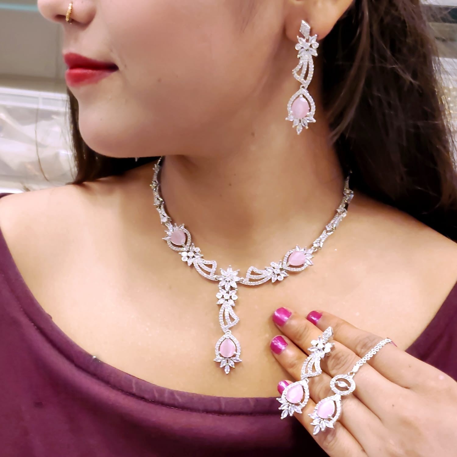 Floral CZ Necklace Set | Indian Jewellery | Stone & Silver-Tone American Diamond Jewelry Set with Earrings & Maangtikka