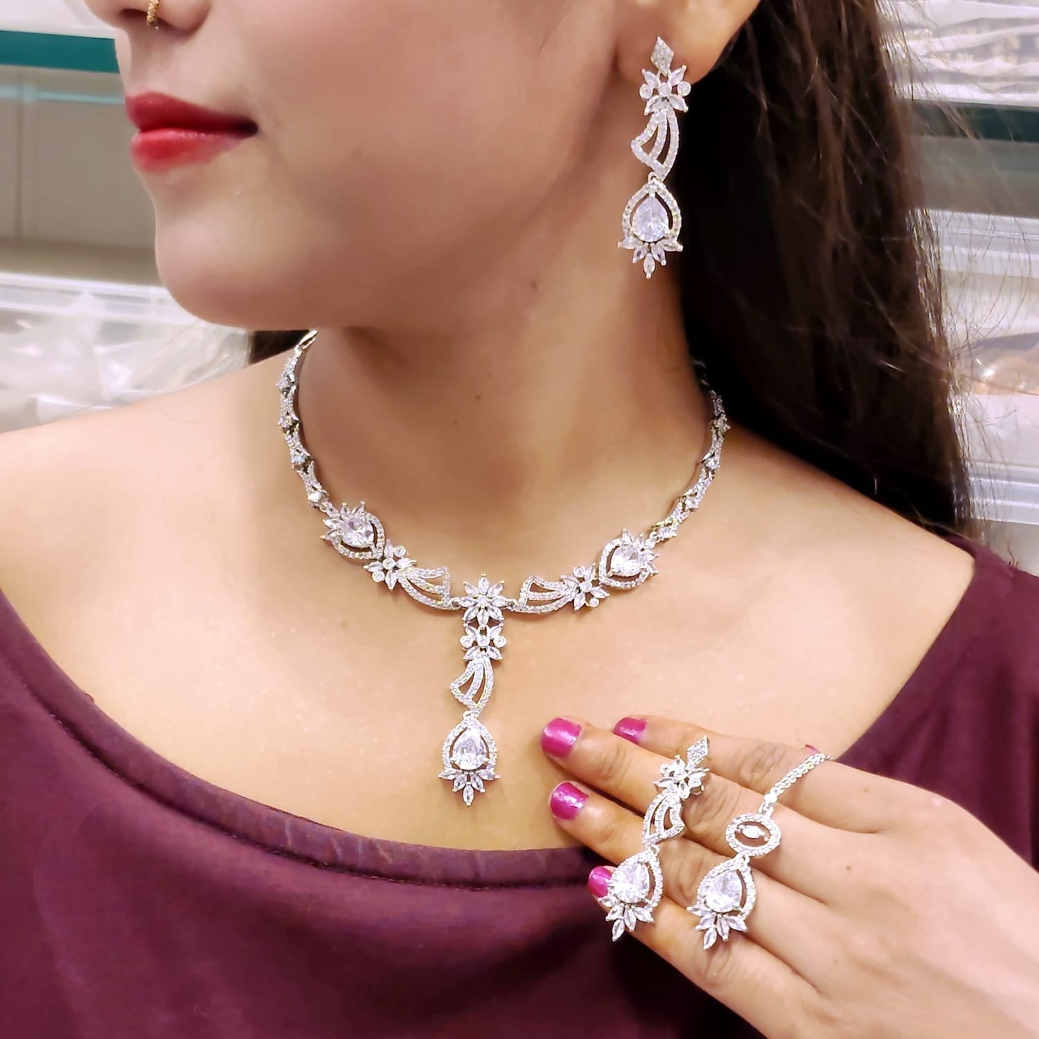 Floral CZ Necklace Set | Indian Jewellery | Stone & Silver-Tone American Diamond Jewelry Set with Earrings & Maangtikka