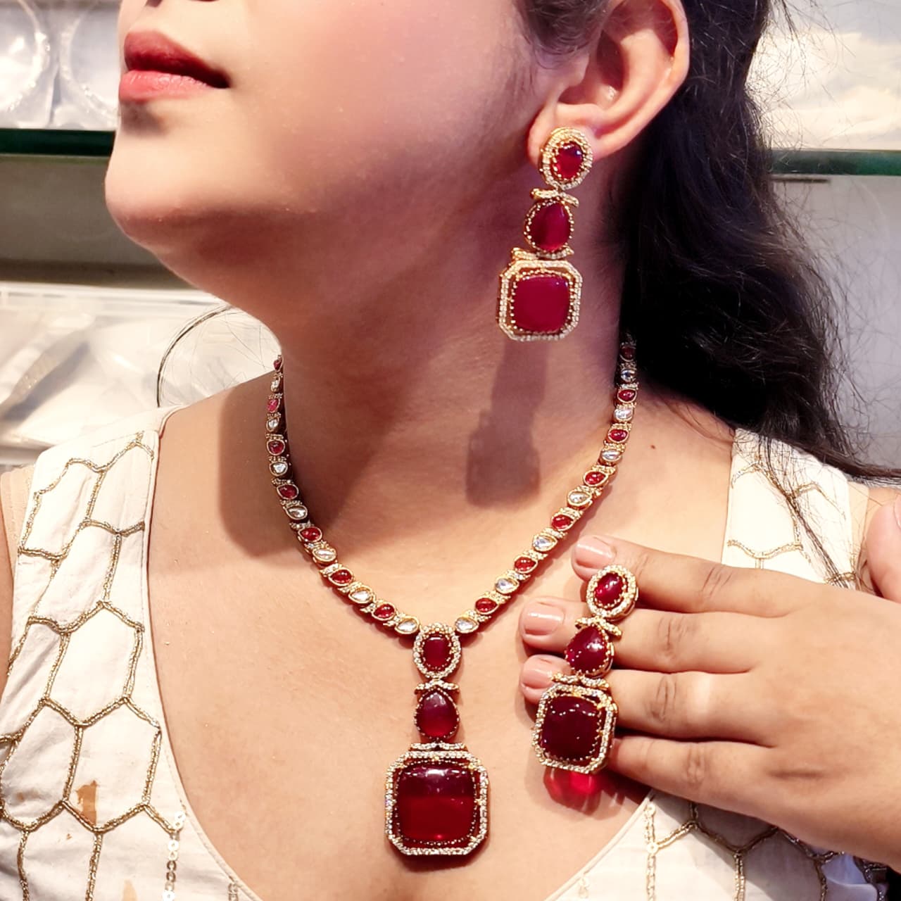 Gold Tone Kundan Style Necklace Set | Indian Jewellery | Kundan Jewellery Indian Necklace Set with Earrings & Maangtikka