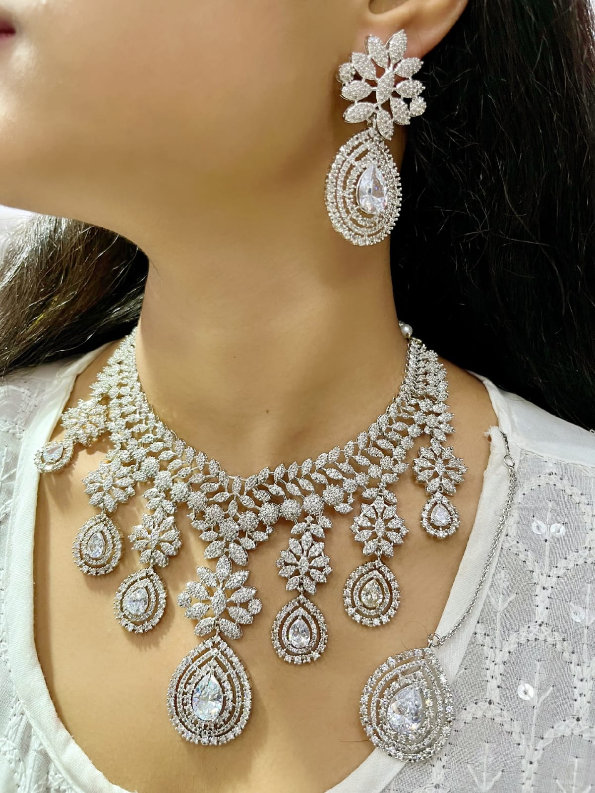 Diamond Look & Deep Necklace Set | Indian Jewellery | CZ American Diamond Jewellery Indian Necklace Set with Earrings & Maangtikka