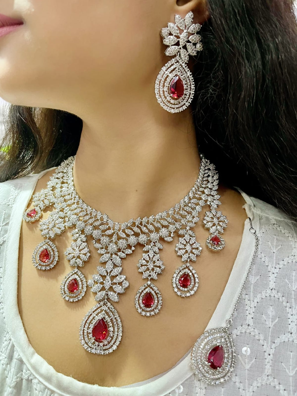 Diamond Look & Deep Necklace Set | Indian Jewellery | CZ American Diamond Jewellery Indian Necklace Set with Earrings & Maangtikka