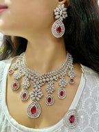 Diamond Look & Deep Necklace Set | Indian Jewellery | CZ American Diamond Jewellery Indian Necklace Set with Earrings & Maangtikka