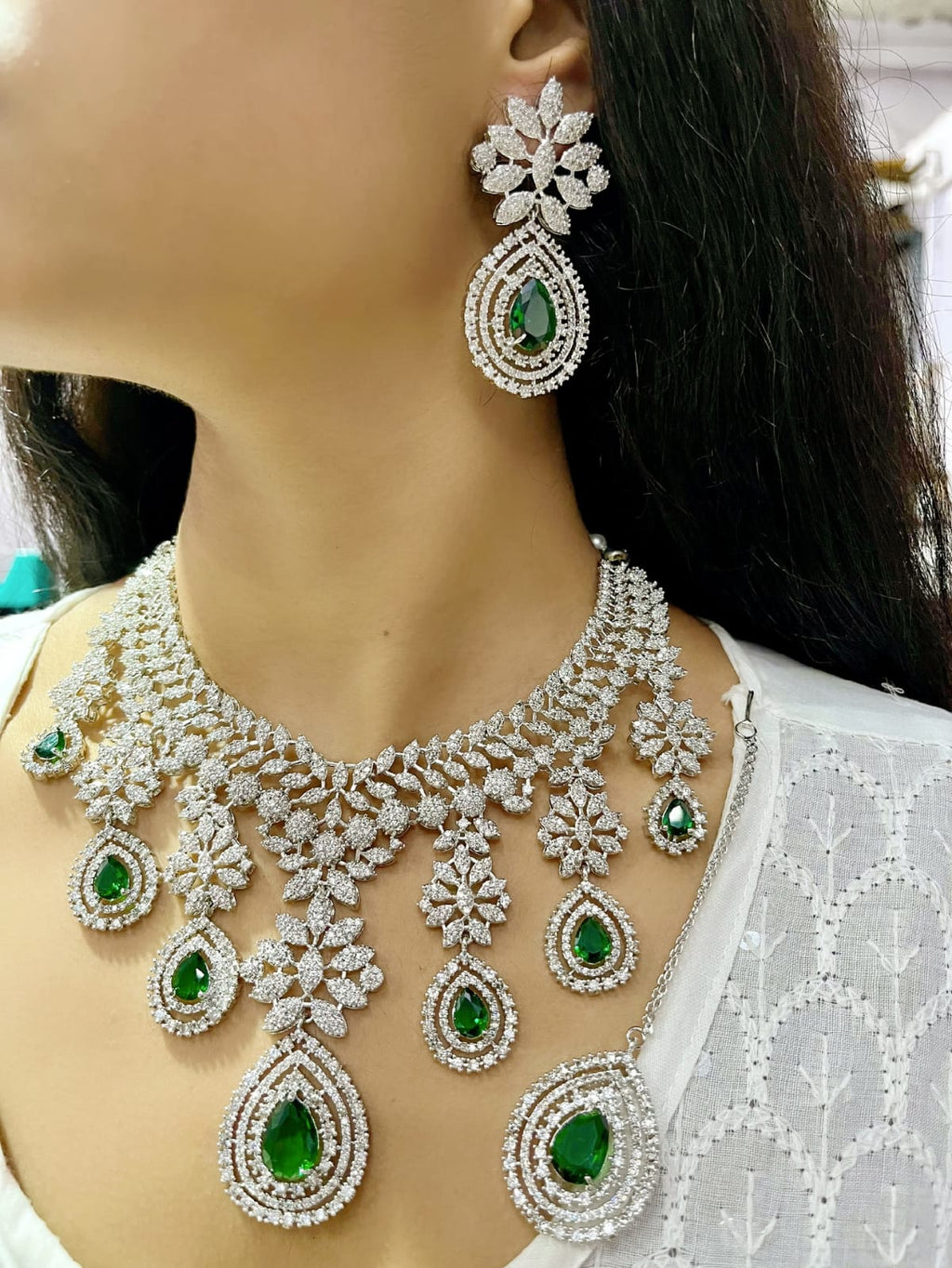 Diamond Look & Deep Necklace Set | Indian Jewellery | CZ American Diamond Jewellery Indian Necklace Set with Earrings & Maangtikka
