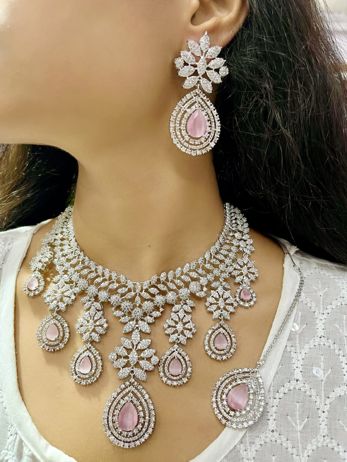 Diamond Look & Deep Necklace Set | Indian Jewellery | CZ American Diamond Jewellery Indian Necklace Set with Earrings & Maangtikka