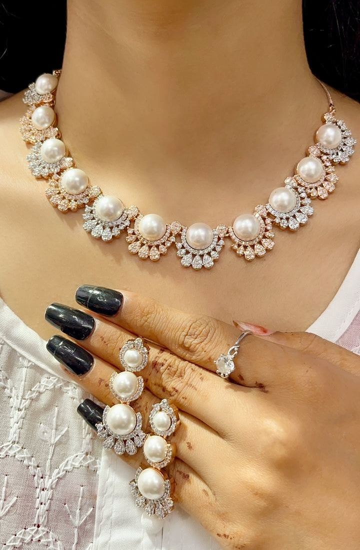 Pearl & Zircon Sparkle Necklace Set | Indian Jewellery | Kundan Polki Jewellery Indian Necklace Set with Earrings