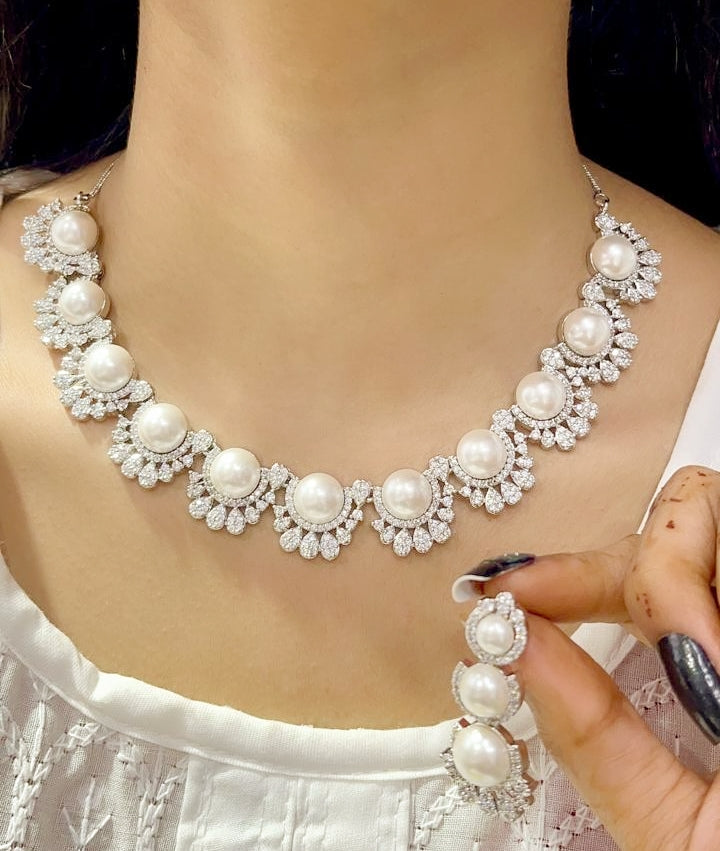 Pearl & Zircon Sparkle Necklace Set | Indian Jewellery | Kundan Polki Jewellery Indian Necklace Set with Earrings