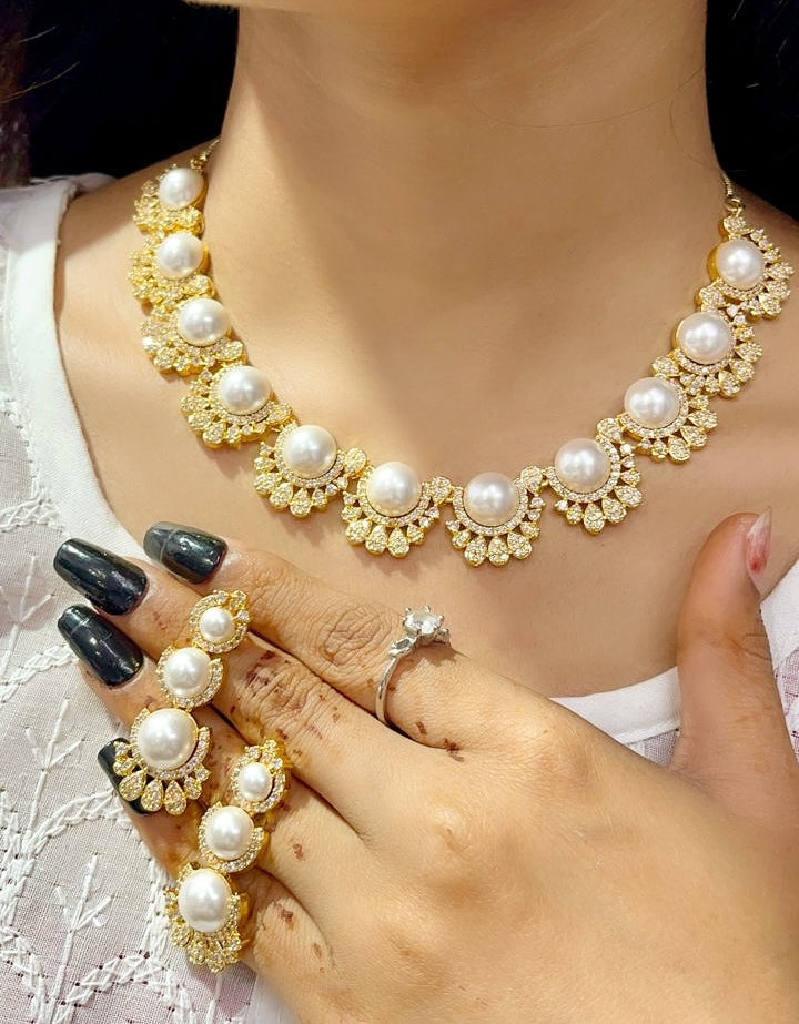 Pearl & Zircon Sparkle Necklace Set | Indian Jewellery | Kundan Polki Jewellery Indian Necklace Set with Earrings