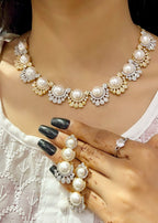 Pearl & Zircon Sparkle Necklace Set | Indian Jewellery | Kundan Polki Jewellery Indian Necklace Set with Earrings