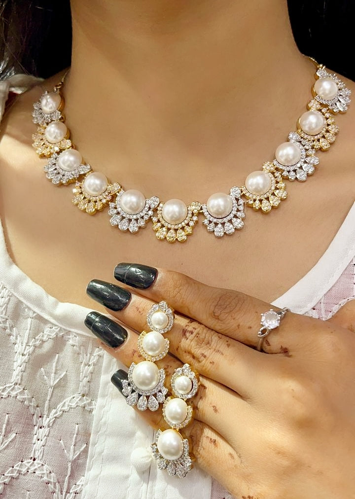 Pearl & Zircon Sparkle Necklace Set | Indian Jewellery | Kundan Polki Jewellery Indian Necklace Set with Earrings