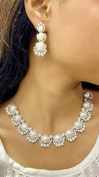 Pearl & Zircon Sparkle Necklace Set | Indian Jewellery | Kundan Polki Jewellery Indian Necklace Set with Earrings