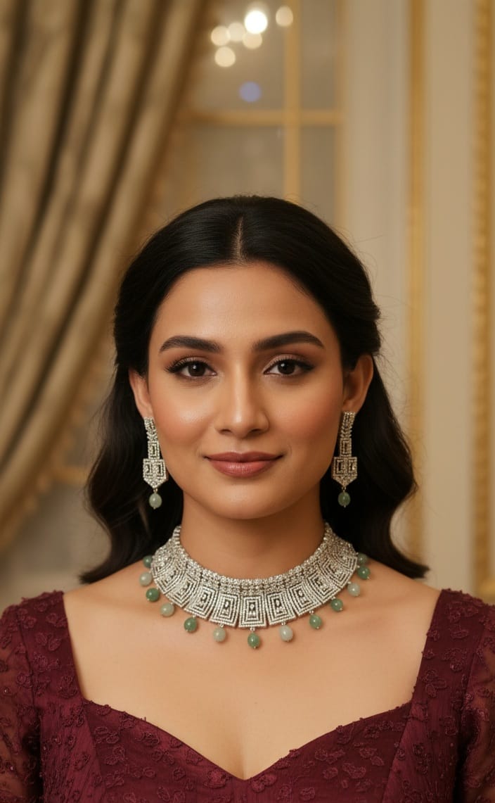 Elegant Silver Choker Necklace Set with Pink Bead Drops | Kundan Beads Indian Jewellery | Bridal Necklace with Earrings