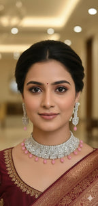 Elegant Silver Choker Necklace Set with Pink Bead Drops | Kundan Beads Indian Jewellery | Bridal Necklace with Earrings