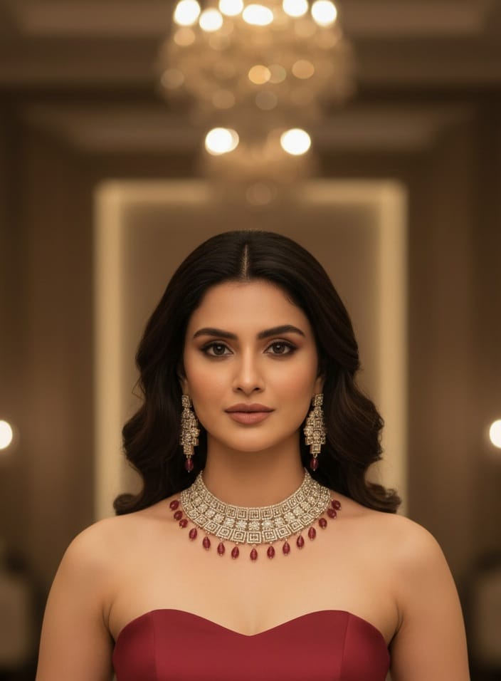 Royal Silver Choker Necklace Set with Ruby Red Stone Drops | Kundan Beads Indian Jewellery | Elegant Bridal Necklace with Earrings
