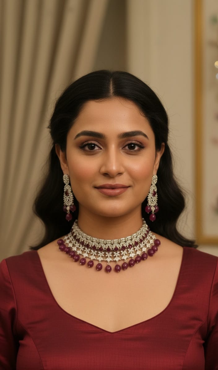 Silver Stone Choker Necklace Set with Earrings | Kundan Beads Indian Jewellery