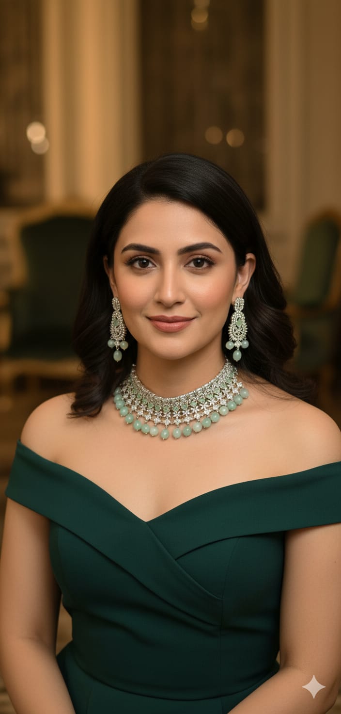Silver Stone Choker Necklace Set with Earrings | Kundan Beads Indian Jewellery