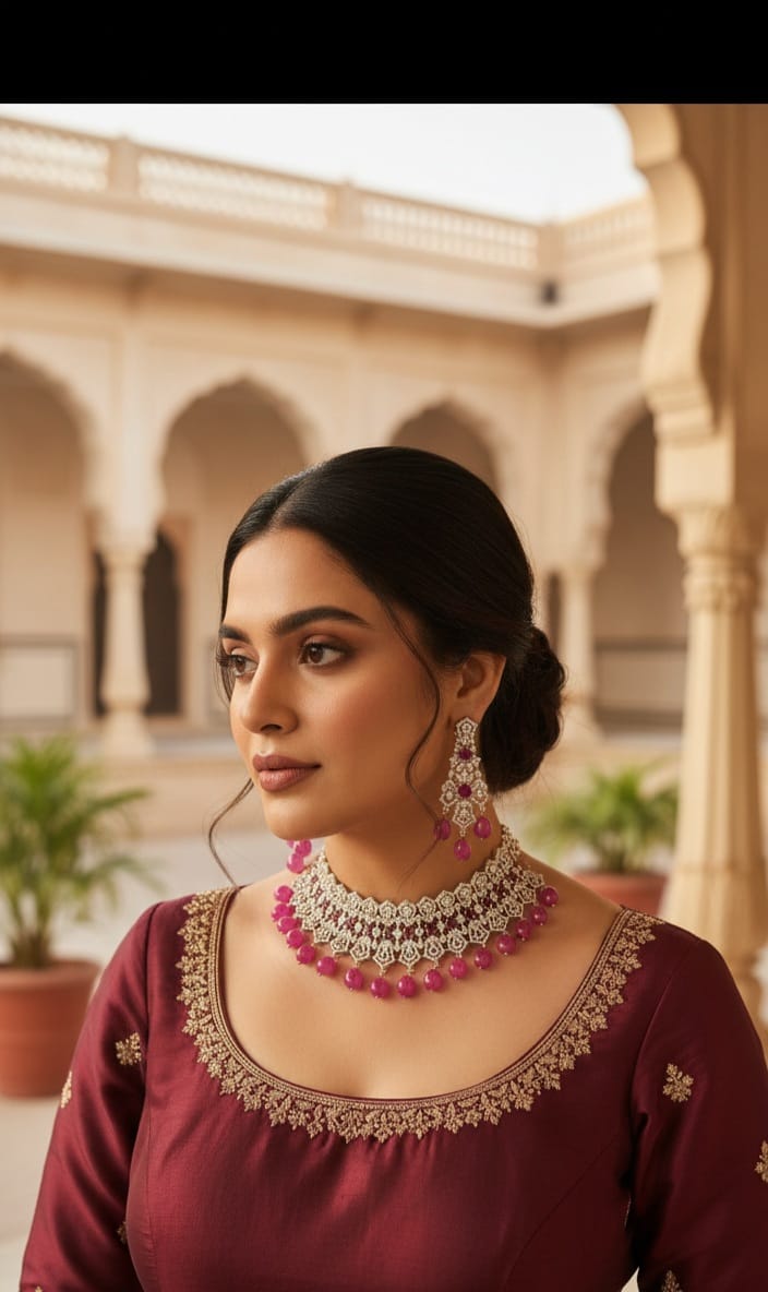 Silver Stone Necklace Set with Earrings | Kundan Beads Indian Jewellery | Sparkling Accents Necklace Set
