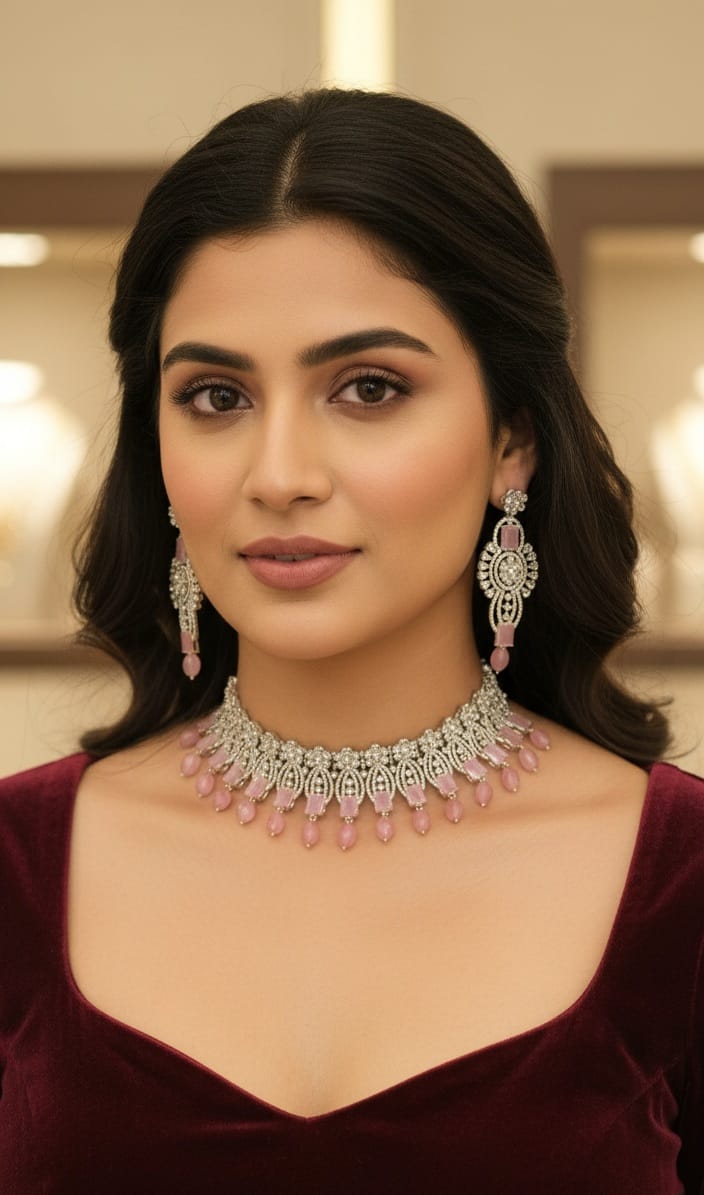 Bridal Stone & Silver Choker Necklace Set with Earrings | Kundan Beads Indian Jewellery | Sparkling Accents Indian Necklace Set