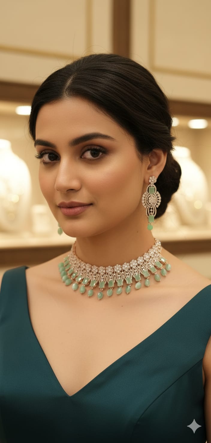 Bridal Stone & Silver Choker Necklace Set with Earrings | Kundan Beads Indian Jewellery | Sparkling Accents Indian Necklace Set