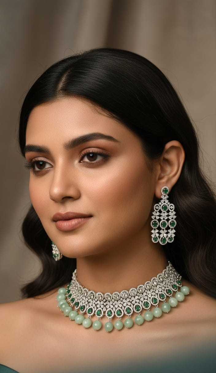 Bridal Stone & Silver Choker Necklace Set | Kundan Beads Indian Jewellery | Elegant Indian Necklace Set