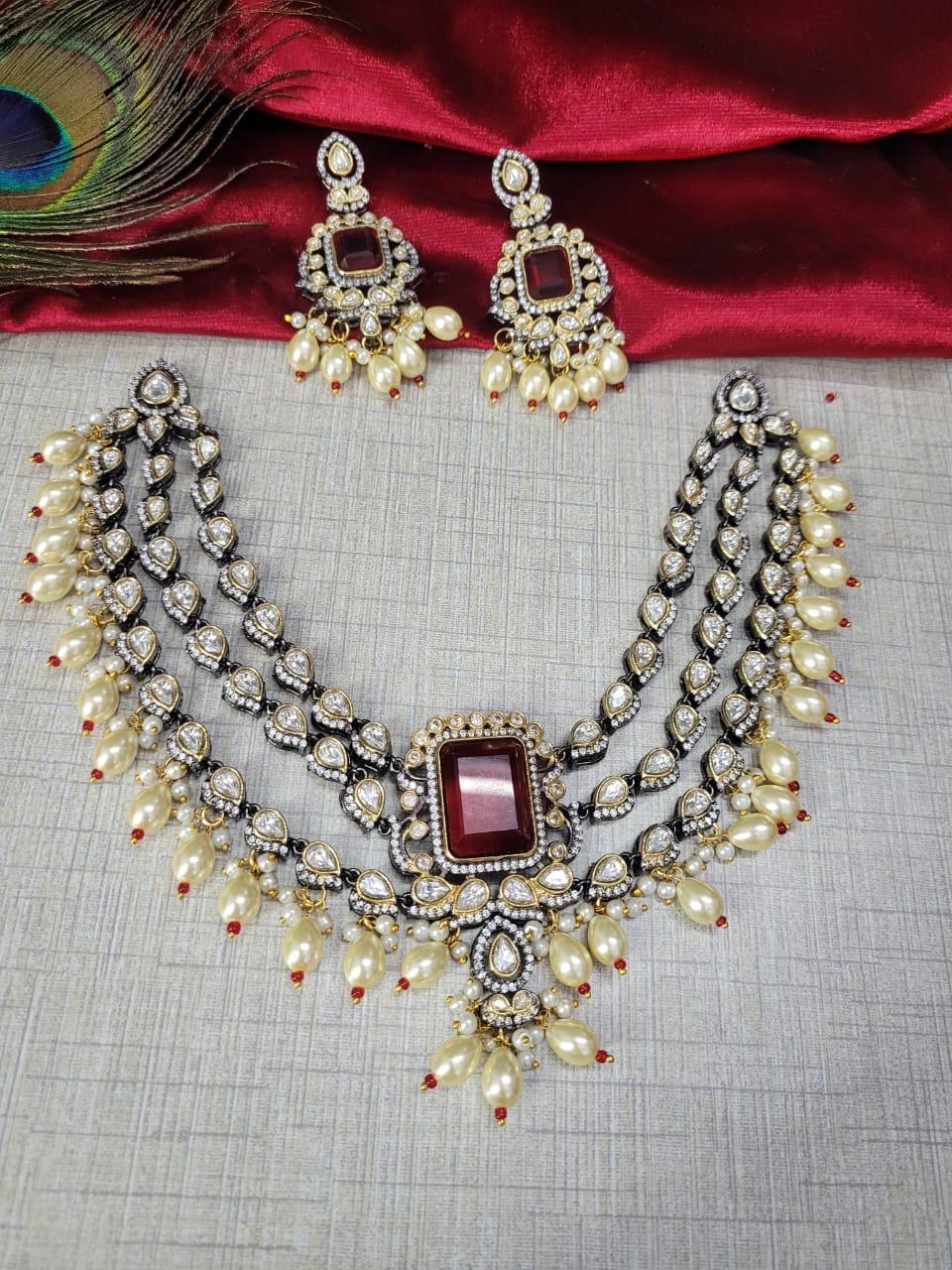 Bridal Kundan Pearl Beaded Jewellery Set | Kundan Polki Indian Choker Necklace Set | Elegant Indian Jewellery