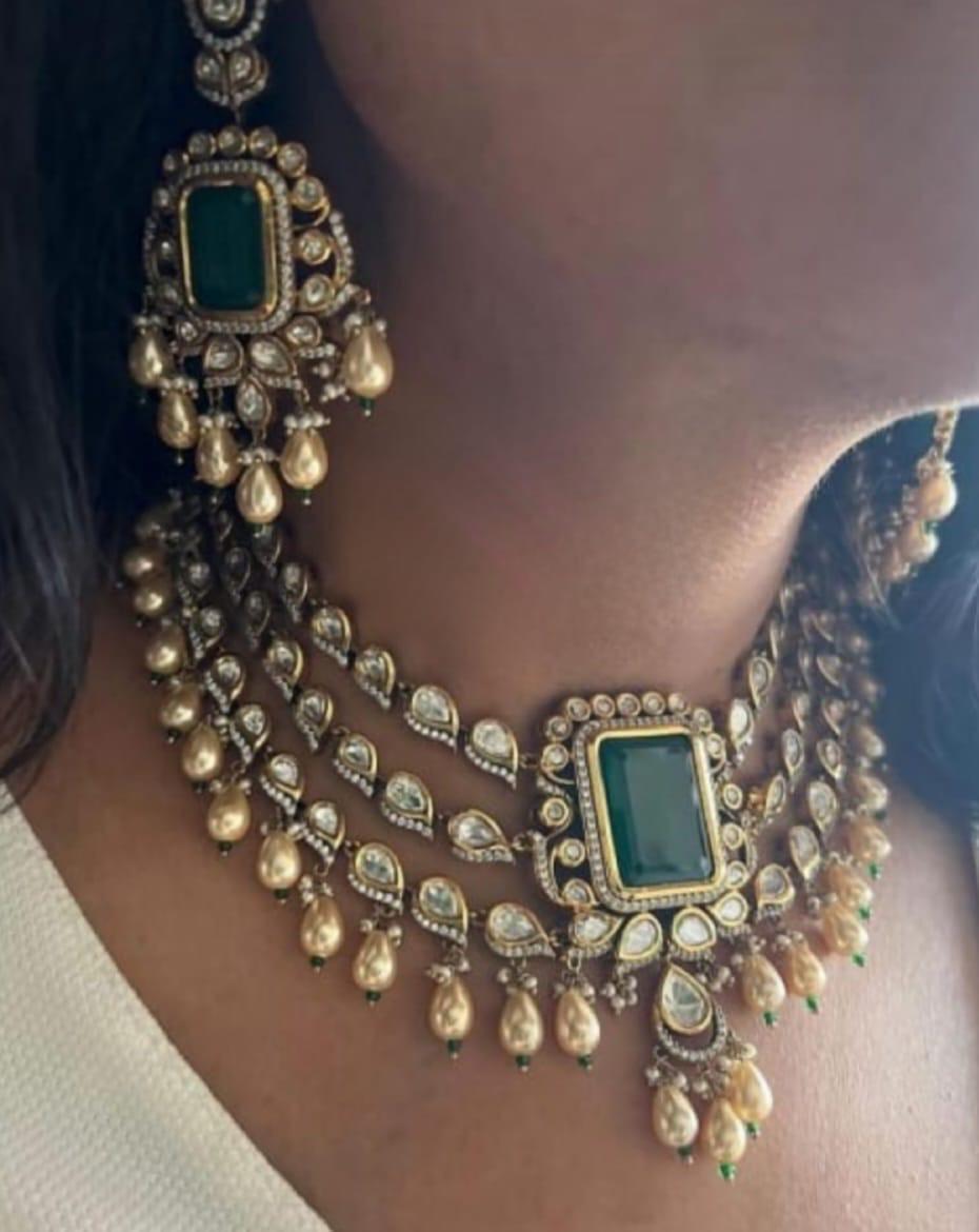 Bridal Kundan Pearl Beaded Jewellery Set | Kundan Polki Indian Choker Necklace Set | Elegant Indian Jewellery
