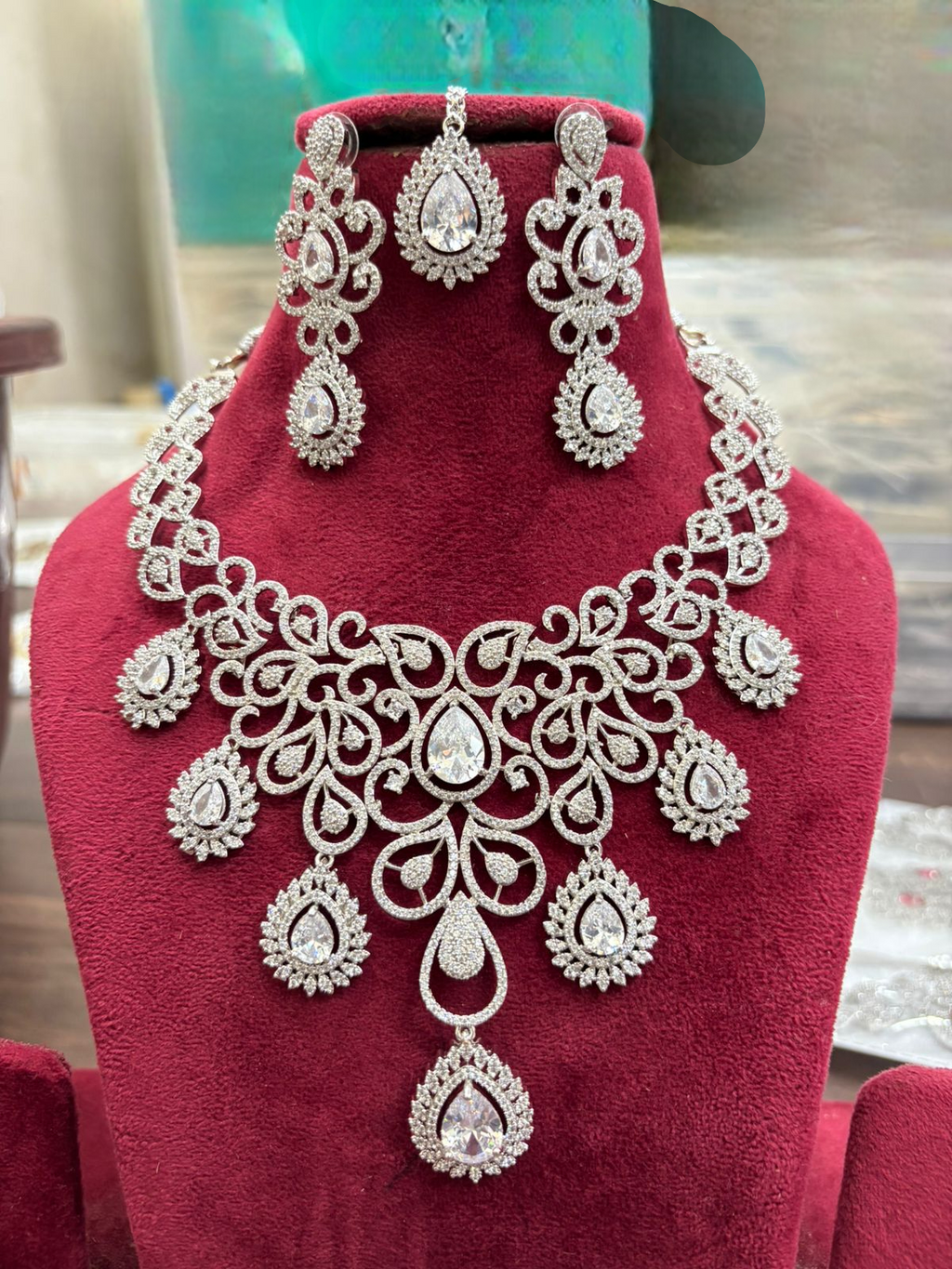 Bridal Kundan AD Necklace Set | Kundan Polki Indian Jewellery | Necklace Set with Earrings & Maangtika