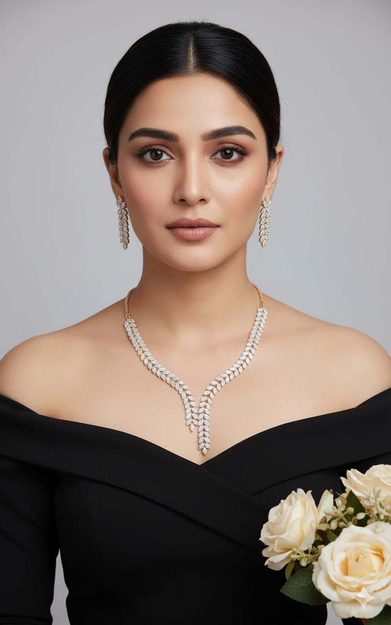 Sparkling Leaf Design Necklace Set with Matching Earrings | American Diamond | Sparkling Crystal Indian Necklace Set | Traditional Indian Jewellery